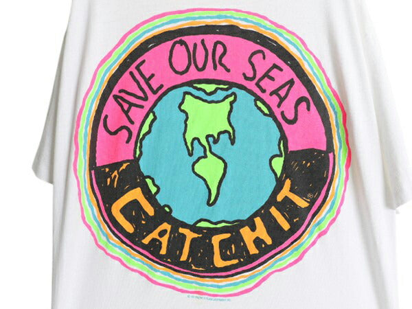 90s USA製 地球 アート メッセージ イラスト プリント Tシャツ メンズ XL オールド サーフ グラフィック シングルステッチ 大きいサイズ 白