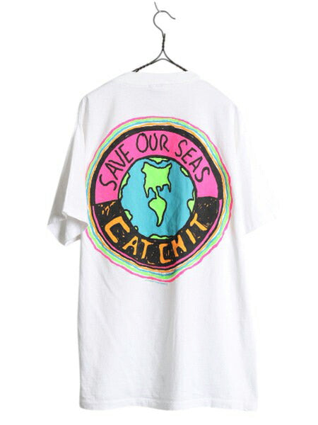90s USA製 地球 アート メッセージ イラスト プリント Tシャツ メンズ XL オールド サーフ グラフィック シングルステッチ 大きいサイズ 白