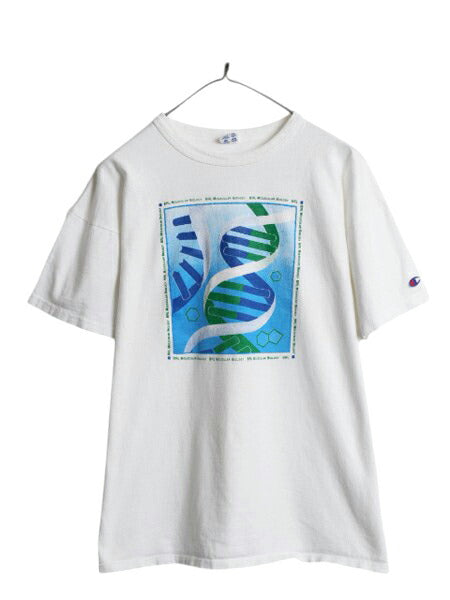 80s USA製 チャンピオン DNA サイエンス アート プリント Tシャツ メンズ XL 小さめ L ヴィンテージ イラスト グラフィック トリコタグ 白