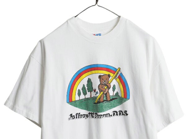 90s USA製 ベア キャラクター イラスト プリント Tシャツ メンズ XL / オールド アートアニマル 企業物 シングルステッチ 大きいサイズ 白
