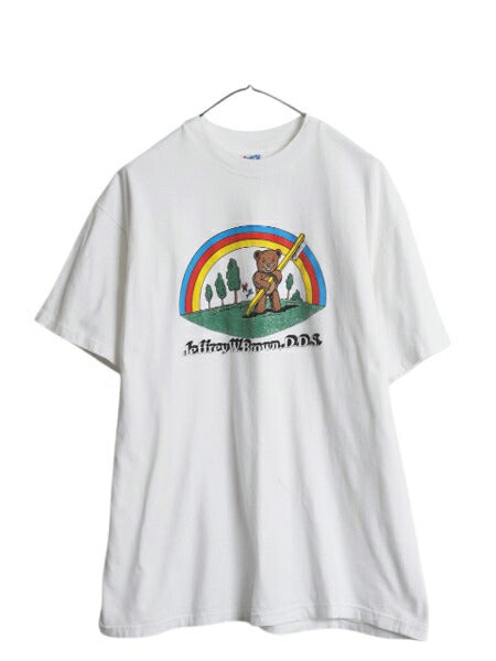 90s USA製 ベア キャラクター イラスト プリント Tシャツ メンズ XL / オールド アートアニマル 企業物 シングルステッチ 大きいサイズ 白