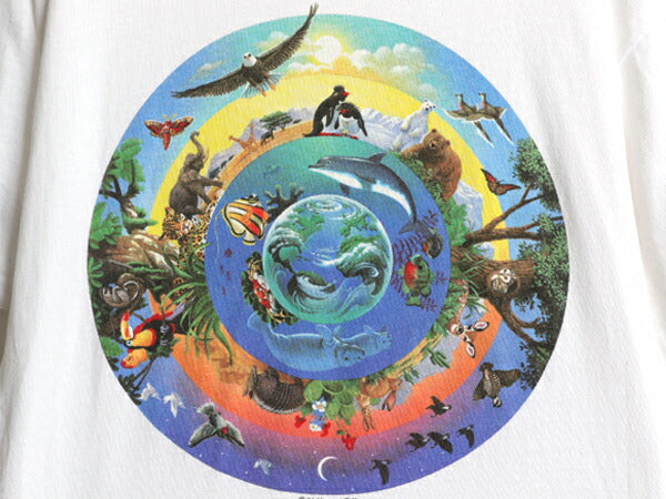 90s USA製 アニマル アート プリント Tシャツ メンズ L / オールド メッセージ イラスト グラフィック シングルステッチ ヘビーウェイト 白
