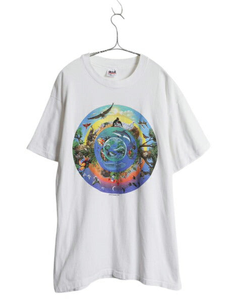 90s USA製 アニマル アート プリント Tシャツ メンズ L / オールド メッセージ イラスト グラフィック シングルステッチ ヘビーウェイト 白