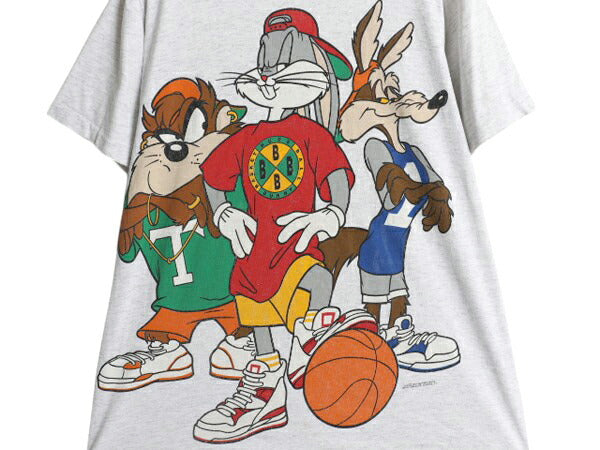 90s USA製 ワーナー キャラクター 両面 プリント 半袖 Tシャツ メンズ L / オールド イラスト ヘビーウェイト シングルステッチ バスケ 灰