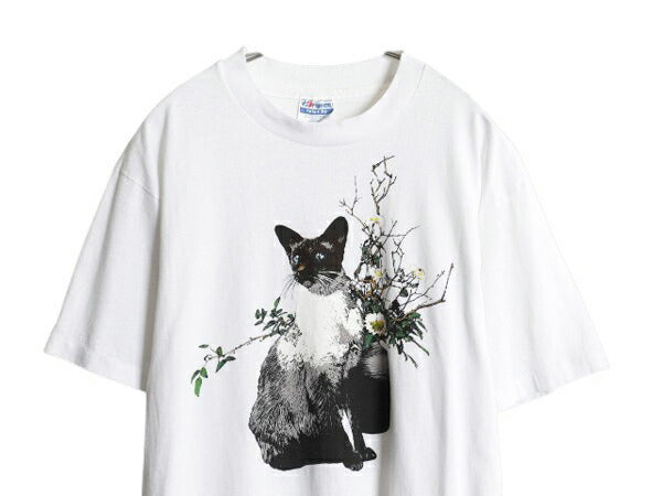 90s USA製 ネコ アート イラスト プリント Tシャツ メンズ レディース L / オールド アニマル 猫 グラフィック シングルステッチ ホワイト