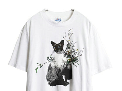 90s USA製 ネコ アート イラスト プリント Tシャツ メンズ レディース L / オールド アニマル 猫 グラフィック シングルステッチ ホワイト
