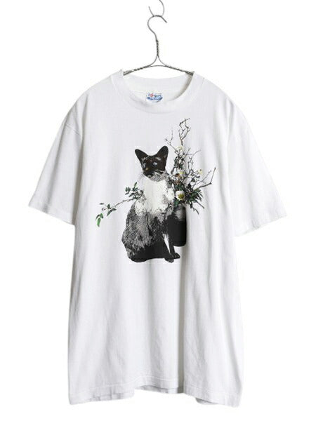 90s USA製 ネコ アート イラスト プリント Tシャツ メンズ レディース L / オールド アニマル 猫 グラフィック シングルステッチ ホワイト