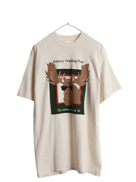 90s ヘラジカ アート イラスト プリント Tシャツ メンズ L 古着 オールド アニマル アウトドア 企業物 シカ グラフィック シングルステッチ