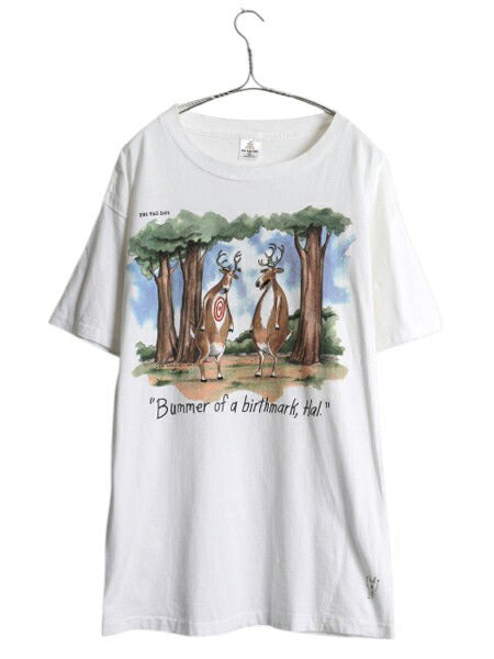 90s USA製 アニマル ジョーク イラスト プリント Tシャツ メンズ XL オールド キャラクター アート ヘビーウェイト 大きいサイズ ホワイト