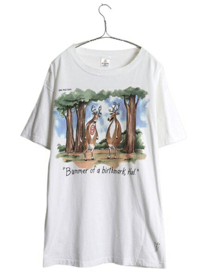 90s USA製 アニマル ジョーク イラスト プリント Tシャツ メンズ XL オールド キャラクター アート ヘビーウェイト 大きいサイズ ホワイト