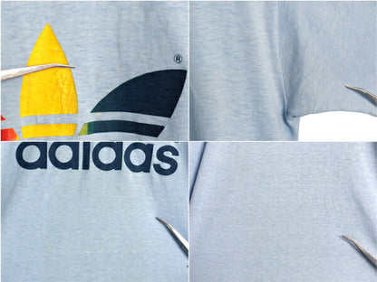 80s USA製 アディダス レインボー トレフォイル 半袖 Tシャツ メンズ M 程 ヴィンテージ バックプリント グラフィック シングルステッチ 青