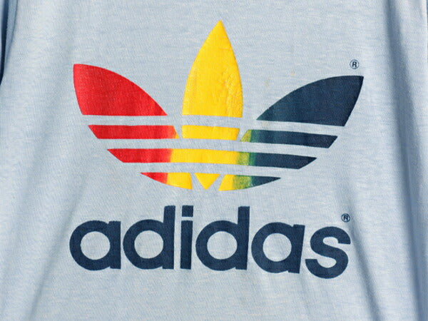 80s USA製 アディダス レインボー トレフォイル 半袖 Tシャツ メンズ M 程 ヴィンテージ バックプリント グラフィック シングルステッチ 青