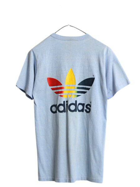 80s USA製 アディダス レインボー トレフォイル 半袖 Tシャツ メンズ M 程 ヴィンテージ バックプリント グラフィック シングルステッチ 青