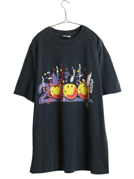 00s スマイル イラスト プリント Tシャツ メンズ XL 古着 オールド アート キャラクター ニコちゃん ヘビーウェイト ブラック 大きいサイズ