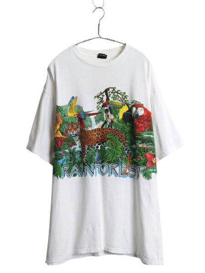 90s アニマル アート 両面 プリント Tシャツ メンズ XXL 程/ 古着 オールド 当時物 イラスト グラフィック シングルステッチ 大きいサイズ