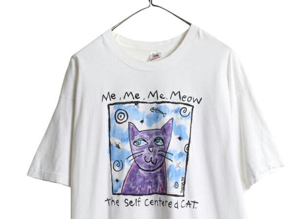 90s USA製 ネコ アート プリント Tシャツ メンズ XL 古着 オールド アニマル メッセージ イラスト シングルステッチ 大きいサイズ ホワイト