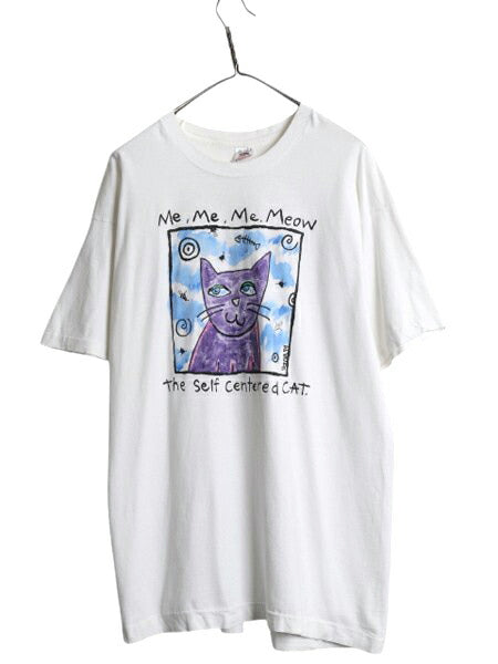 90s USA製 ネコ アート プリント Tシャツ メンズ XL 古着 オールド アニマル メッセージ イラスト シングルステッチ 大きいサイズ ホワイト