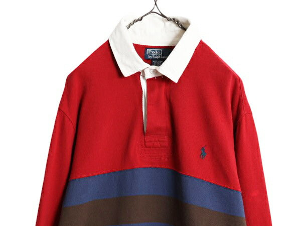 90s ポロ ラルフローレン ボーダー スウェット ラガーシャツ メンズ XL 長袖シャツ ラグビー ワンポイント 裏起毛 トレーナー 大きいサイズ