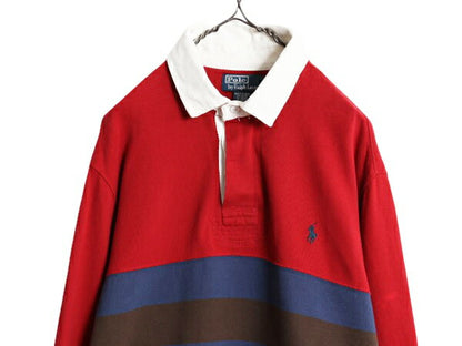 90s ポロ ラルフローレン ボーダー スウェット ラガーシャツ メンズ XL 長袖シャツ ラグビー ワンポイント 裏起毛 トレーナー 大きいサイズ