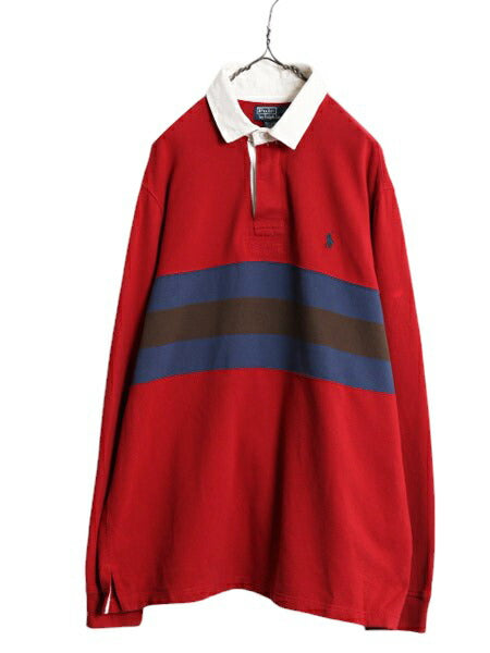 90s ポロ ラルフローレン ボーダー スウェット ラガーシャツ メンズ XL 長袖シャツ ラグビー ワンポイント 裏起毛 トレーナー 大きいサイズ
