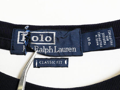 ポロ ラルフローレン プリント 長袖 Tシャツ メンズ S / 復刻 ロンT 袖プリント リンガー コットン カットソー クルーネック ホワイト 薄手