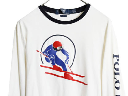 ポロ ラルフローレン プリント 長袖 Tシャツ メンズ S / 復刻 ロンT 袖プリント リンガー コットン カットソー クルーネック ホワイト 薄手