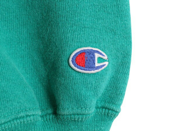 90s チャンピオン リバースウィーブ スウェット メンズ L 程 古着 Champion ワンポイント トレーナー 裏起毛 目付き ターコイズ グリーン