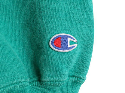 90s チャンピオン リバースウィーブ スウェット メンズ L 程 古着 Champion ワンポイント トレーナー 裏起毛 目付き ターコイズ グリーン