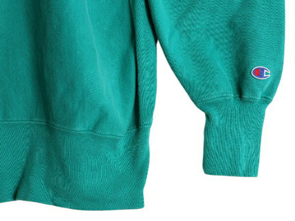 90s チャンピオン リバースウィーブ スウェット メンズ L 程 古着 Champion ワンポイント トレーナー 裏起毛 目付き ターコイズ グリーン