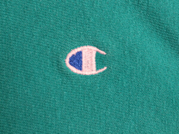 90s チャンピオン リバースウィーブ スウェット メンズ L 程 古着 Champion ワンポイント トレーナー 裏起毛 目付き ターコイズ グリーン