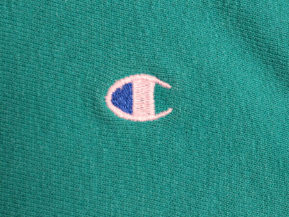 90s チャンピオン リバースウィーブ スウェット メンズ L 程 古着 Champion ワンポイント トレーナー 裏起毛 目付き ターコイズ グリーン