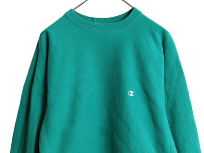 90s チャンピオン リバースウィーブ スウェット メンズ L 程 古着 Champion ワンポイント トレーナー 裏起毛 目付き ターコイズ グリーン