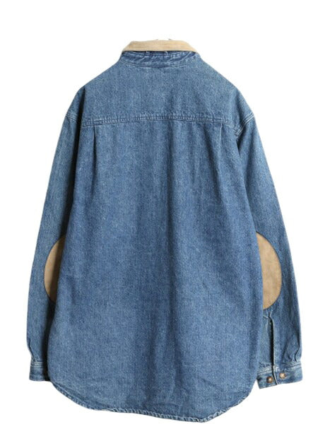 80s バナナリパブリック 長袖 デニム シャツ ジャケット メンズ L ヴィンテージ BANANA REPUBLIC コットン 襟 本革 レザー エルボーパッチ