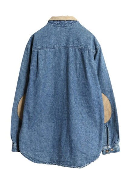 80s バナナリパブリック 長袖 デニム シャツ ジャケット メンズ L ヴィンテージ BANANA REPUBLIC コットン 襟 本革 レザー エルボーパッチ