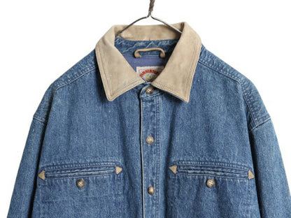 80s バナナリパブリック 長袖 デニム シャツ ジャケット メンズ L ヴィンテージ BANANA REPUBLIC コットン 襟 本革 レザー エルボーパッチ
