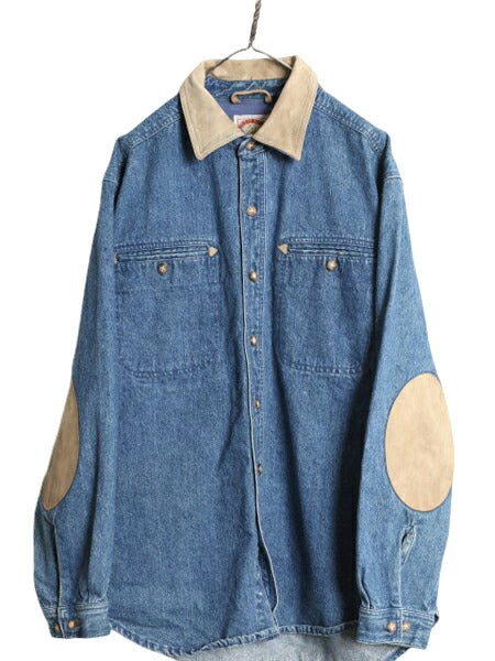 80s バナナリパブリック 長袖 デニム シャツ ジャケット メンズ L ヴィンテージ BANANA REPUBLIC コットン 襟 本革 レザー エルボーパッチ