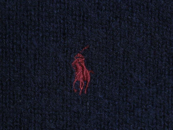 90s ポロ ラルフローレン ニット セーター メンズ M オールド ラム ウール クルーネック ワンポイント ポニー 刺繍 リブ編み 無地 ネイビー