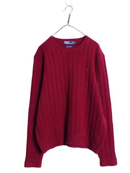 90s ポロ ラルフローレン ニット セーター メンズ XL オールド ラム ウール リブ編み ワンポイント ポニー 無地 ワインレッド 大きいサイズ