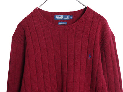 90s ポロ ラルフローレン ニット セーター メンズ XL オールド ラム ウール リブ編み ワンポイント ポニー 無地 ワインレッド 大きいサイズ