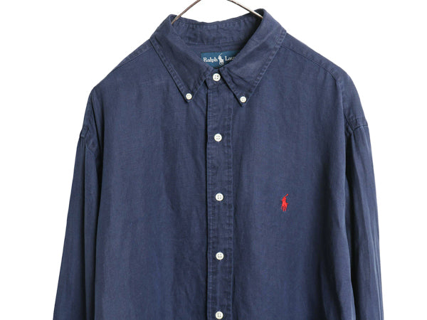 00s ラルフローレン 長袖 ボタンダウン シャツ メンズ XL / オールド ポロ リネン シルク ワイシャツ ワンポイント シンプル 大きいサイズ