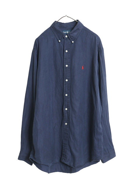00s ラルフローレン 長袖 ボタンダウン シャツ メンズ XL / オールド ポロ リネン シルク ワイシャツ ワンポイント シンプル 大きいサイズ