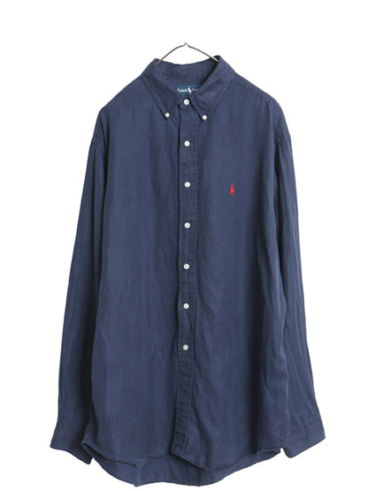 00s ラルフローレン 長袖 ボタンダウン シャツ メンズ XL / オールド ポロ リネン シルク ワイシャツ ワンポイント シンプル 大きいサイズ