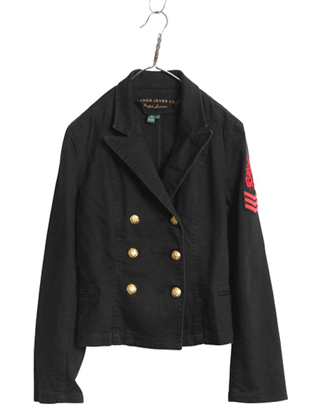 00s ラルフローレン ダブルブレスト テーラード ジャケット レディース L オールド ストレッチ コットン ミリタリー タイプ ショート丈 黒