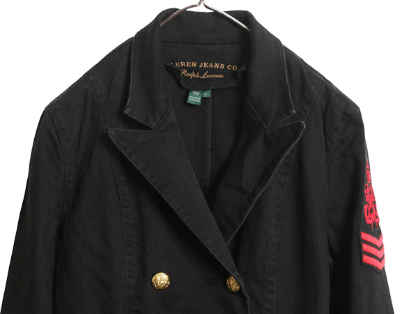 00s ラルフローレン ダブルブレスト テーラード ジャケット レディース L オールド ストレッチ コットン ミリタリー タイプ ショート丈 黒
