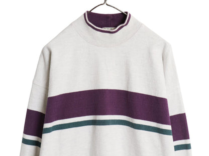 80s USA製 エルエルビーン モックネック ボーダー 長袖 Tシャツ メンズ L ヴィンテージ アウトドア ロンT ラガーシャツ ヘビーウェイト 灰