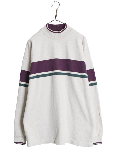 80s USA製 エルエルビーン モックネック ボーダー 長袖 Tシャツ メンズ L ヴィンテージ アウトドア ロンT ラガーシャツ ヘビーウェイト 灰