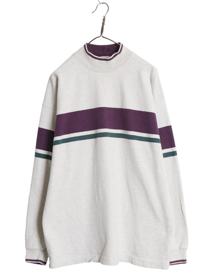 80s USA製 エルエルビーン モックネック ボーダー 長袖 Tシャツ メンズ L ヴィンテージ アウトドア ロンT ラガーシャツ ヘビーウェイト 灰