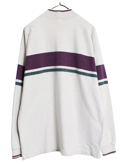 80s USA製 エルエルビーン モックネック ボーダー 長袖 Tシャツ メンズ L ヴィンテージ アウトドア ロンT ラガーシャツ ヘビーウェイト 灰