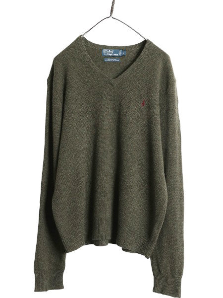90s ポロ ラルフローレン Vネック ニット セーター メンズ L / オールド ラム ウール ハイゲージ ワンポイント シンプル きれいめ トップス