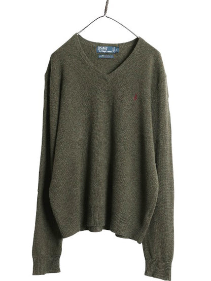 90s ポロ ラルフローレン Vネック ニット セーター メンズ L / オールド ラム ウール ハイゲージ ワンポイント シンプル きれいめ トップス